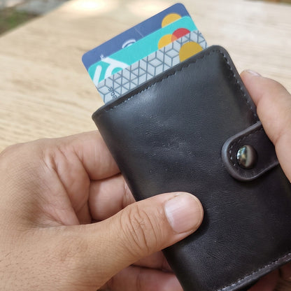Compact RFID Protection Wallet – Push-Button Card Holder & Multiple Money Sections