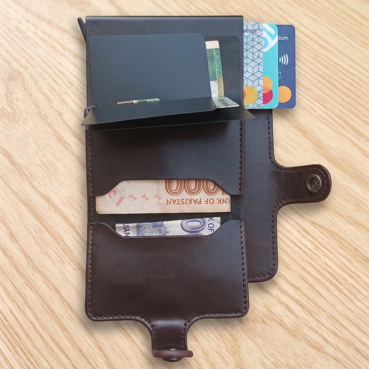 Compact RFID Protection Wallet – Push-Button Card Holder & Multiple Money Sections